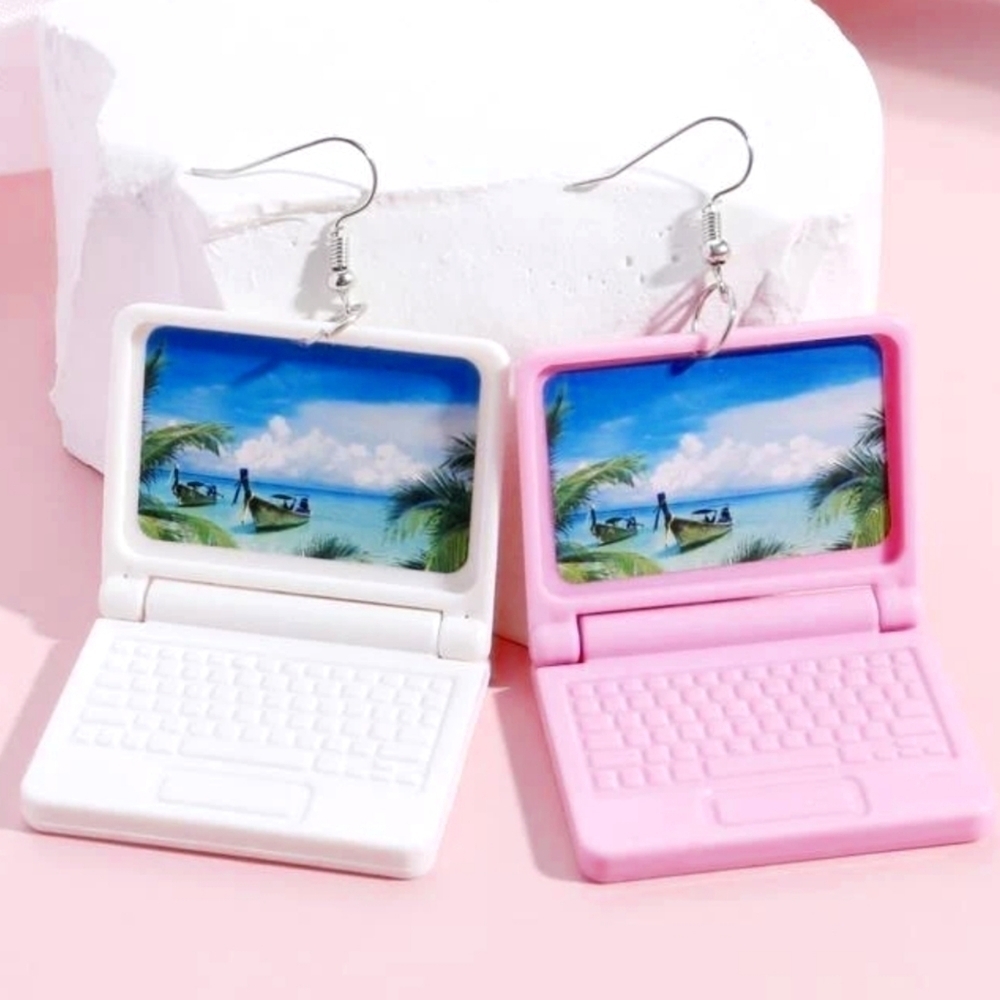 Computer Laptop Barbie Charm Drop Earrings in Pink and White NWT